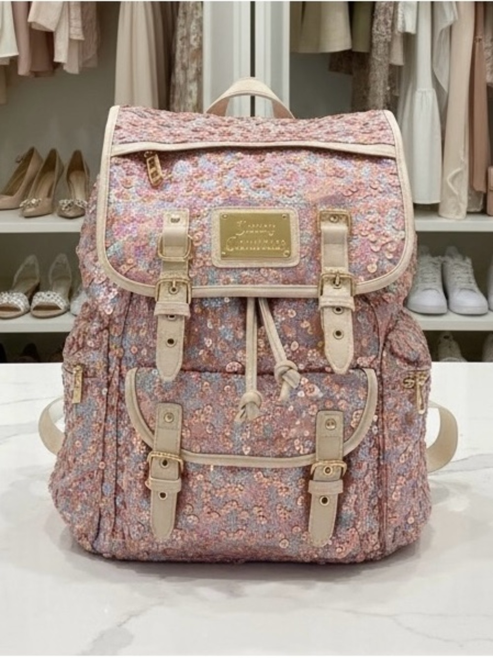 𝓙𝓾𝓲𝓬𝔂 𝓒𝓸𝓾𝓽𝓾𝓻𝓮 Sequin Pink and Cream Backpack with Signature 𝓙𝓒 Gold Plate
